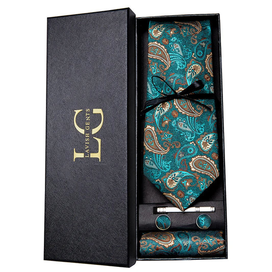 Hi-Tie Luxury Gift Box Classic Paisley Teal Green NeckTie
