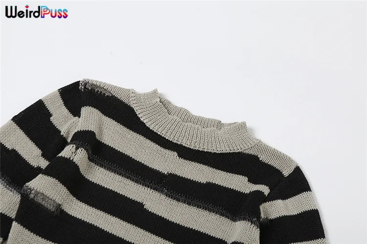 Weird Puss Knit Striped Dress Women Autumn Trend Ripped Long Sleeve o-Neck Sweater Bodycon Streetwear Stretch Sexy Thin Clothes