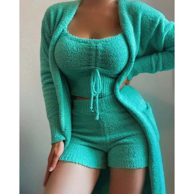 Three Piece Tracksuit Women Plush Short Sets Solid 3pcs Pajama Suits Home Wear Joggers Outifit Casual 2023 Autumn Winter Clothes