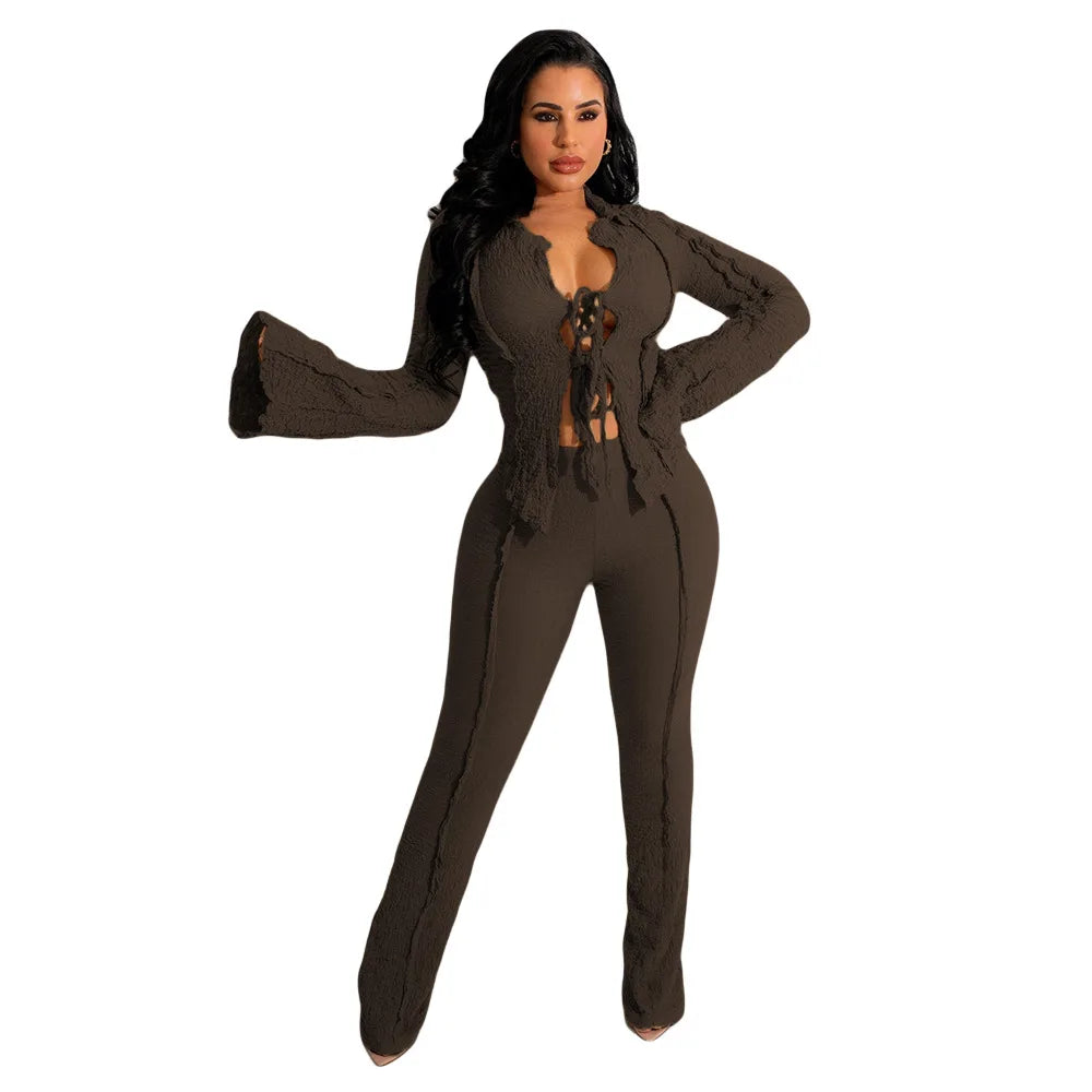 2 Piece Set Women Sexy Lace-up Pants Suits Solid 2pcs Sets Matching Sets Outfits Tracksuit Autumn Winter Clothing