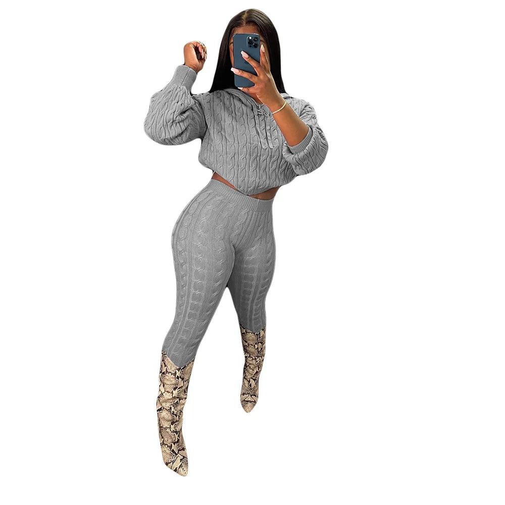 Knit 2 Piece Sets Women Hooded Tops Pants Set Spring Autumn Winter Clothing Sportswear Joggers Knitted Tracksuit Matching Sets