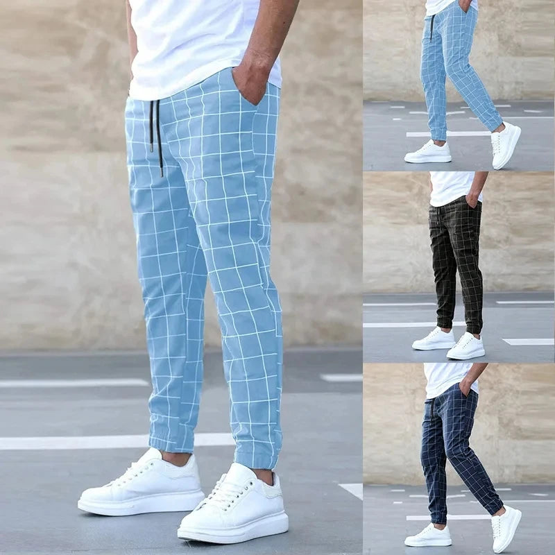 New Fashion Men Pants Mid Waist Slims Fit Male Sweatpants Plaid Checkered Side Stripe Trousers Summer Work Casual Pants