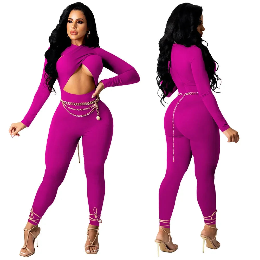 Sexy Hollow Out Bodycon Rompers Womens Jumpsuit Long Sleeve Bandage Overalls for Women Party Club Birthday One Piece Outfits