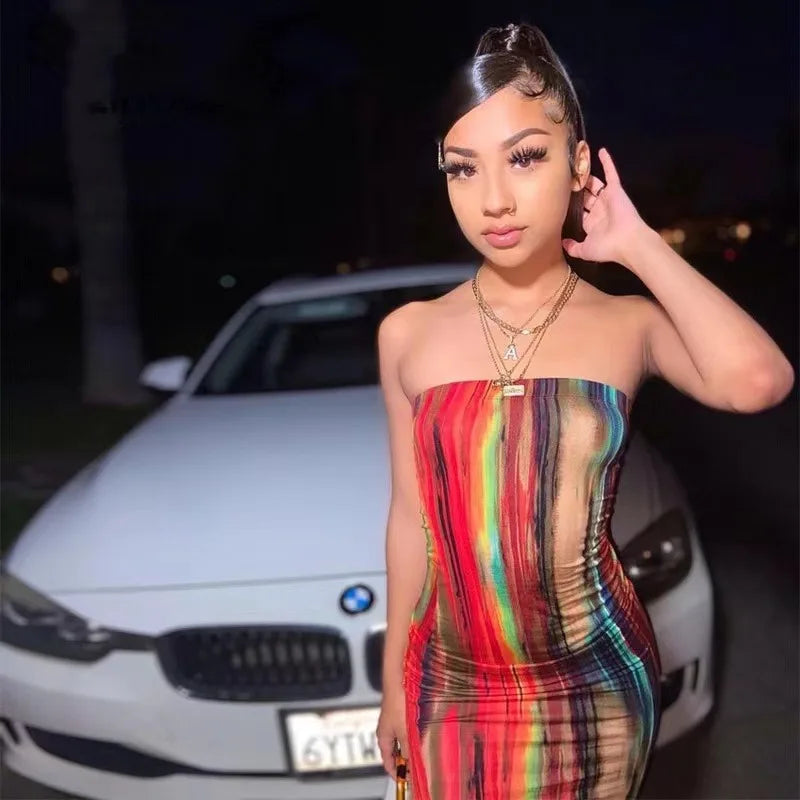 2025 Summer Women's Print Slim Sexy Strapless Long Vintage Dress  Robe Vestido Streetwear Evening Dresses