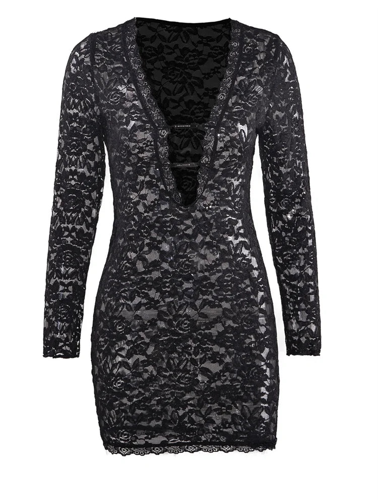 kliou Lace Embroidered Mini Dress Women Coquette Solid Deep V-neck Full Sleeve See Through Slim Frock Sexy Hot Midnight Vestidos