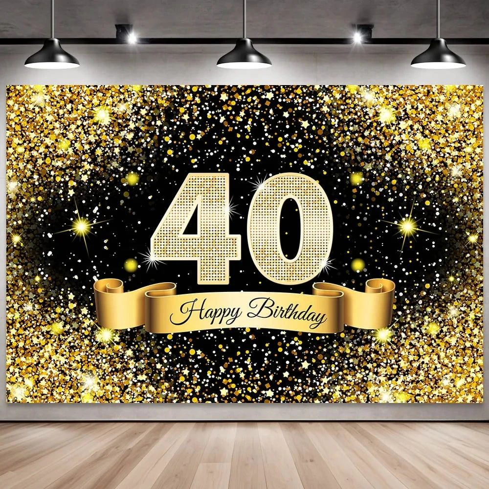 Golden black birthday party background, 18-40-50-60-year-old photography background, photo booth logo, poster background banner