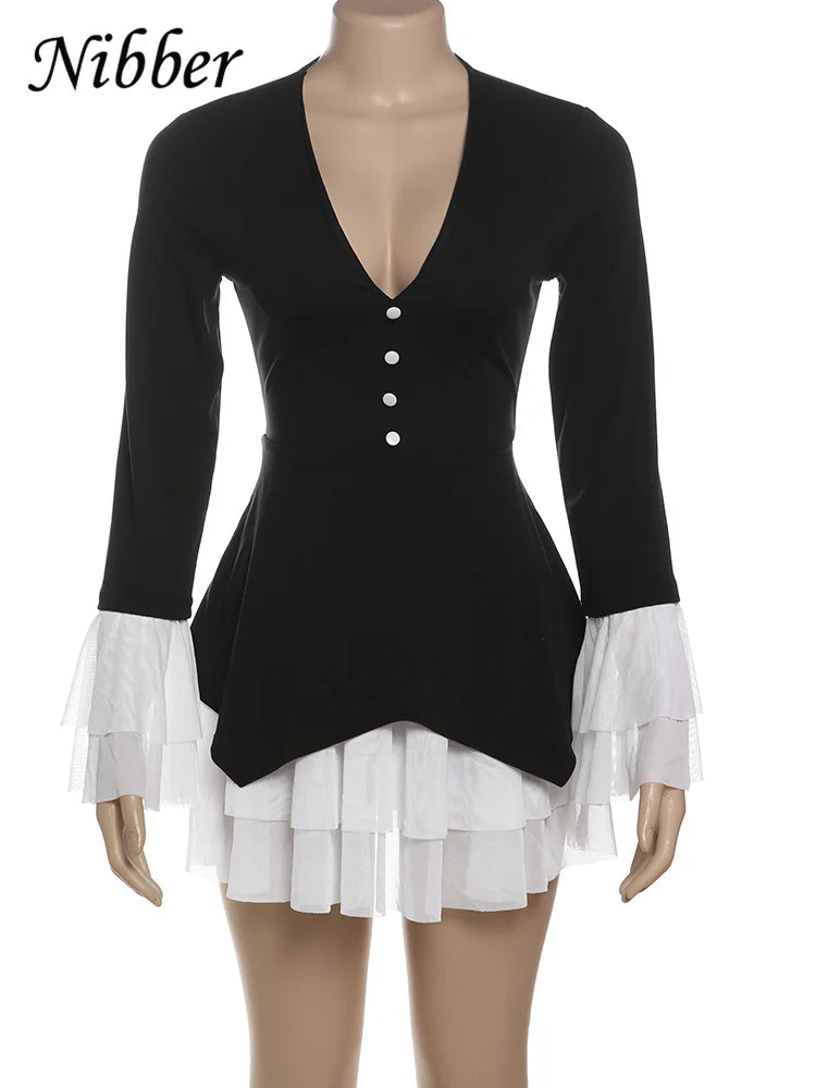 Nibber Black White Patchwork Dress Women Button V-Neck Tierred Flared FashionMojos.com Nibber Black White Patchwork Dress Women Button V-Neck Tierred Flared FashionMojos.com