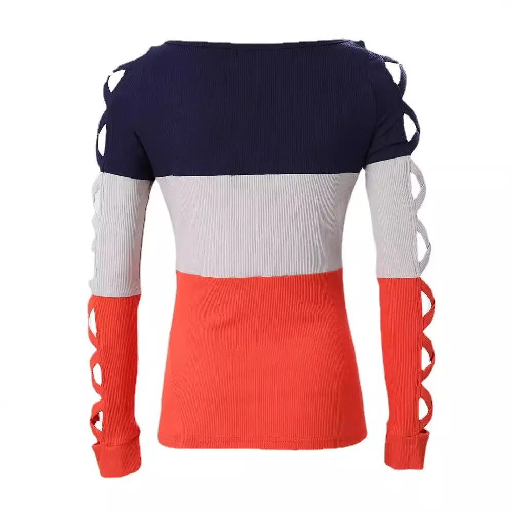 Women Print Splice T Shirt Round Neck Full Sleeve Crisscross Tops Pullovers Casual Shirts Regular Elegant Lady Autumn Winter