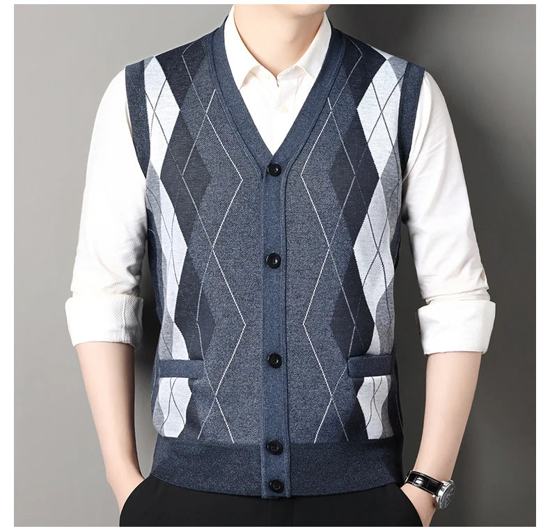 New Autumn Male Vest Sleeveless Sweater Fleece Cardigan Warm Knitted Checkered Business Casual Button Up Coat Men's Clothing