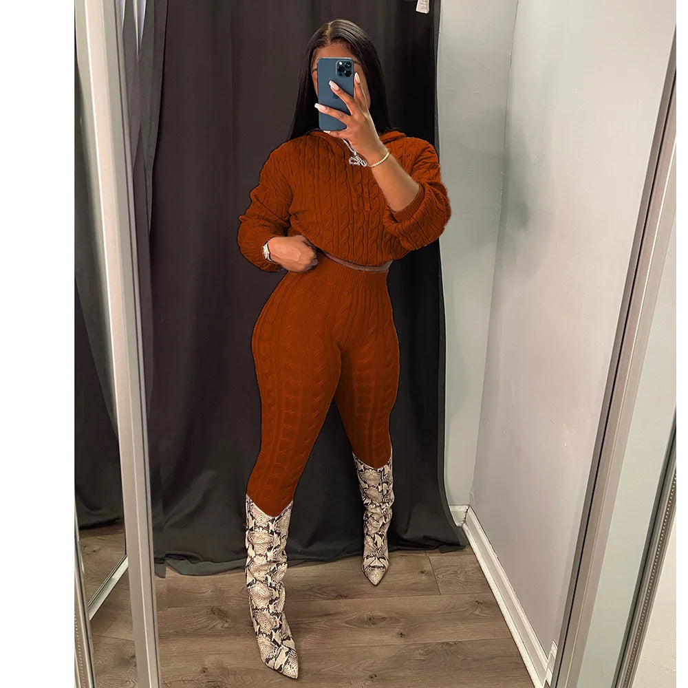 Knit 2 Piece Sets Women Hooded Tops Pants Set Spring Autumn Winter Clothing Sportswear Joggers Knitted Tracksuit Matching Sets