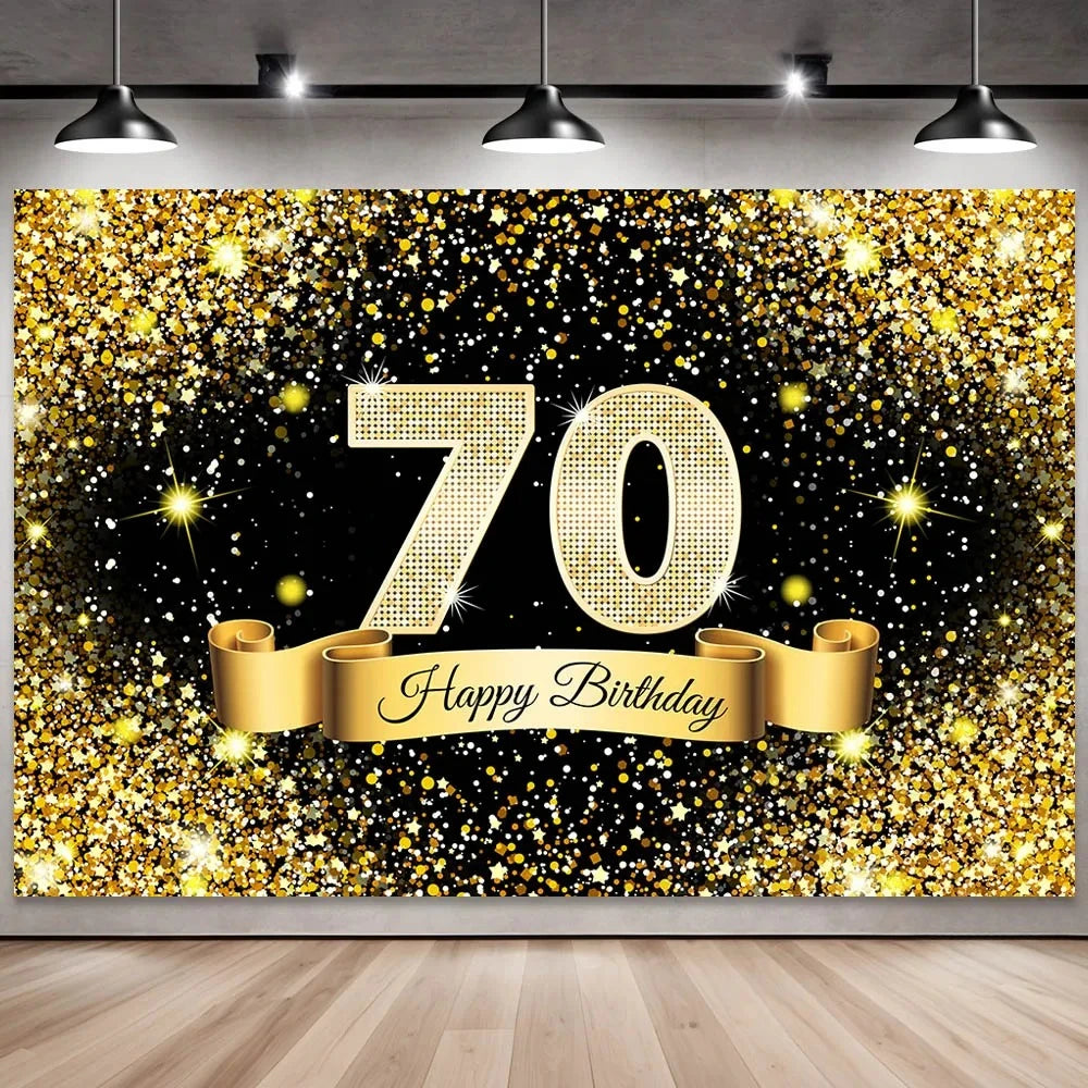 Golden black birthday party background, 18-40-50-60-year-old photography background, photo booth logo, poster background banner