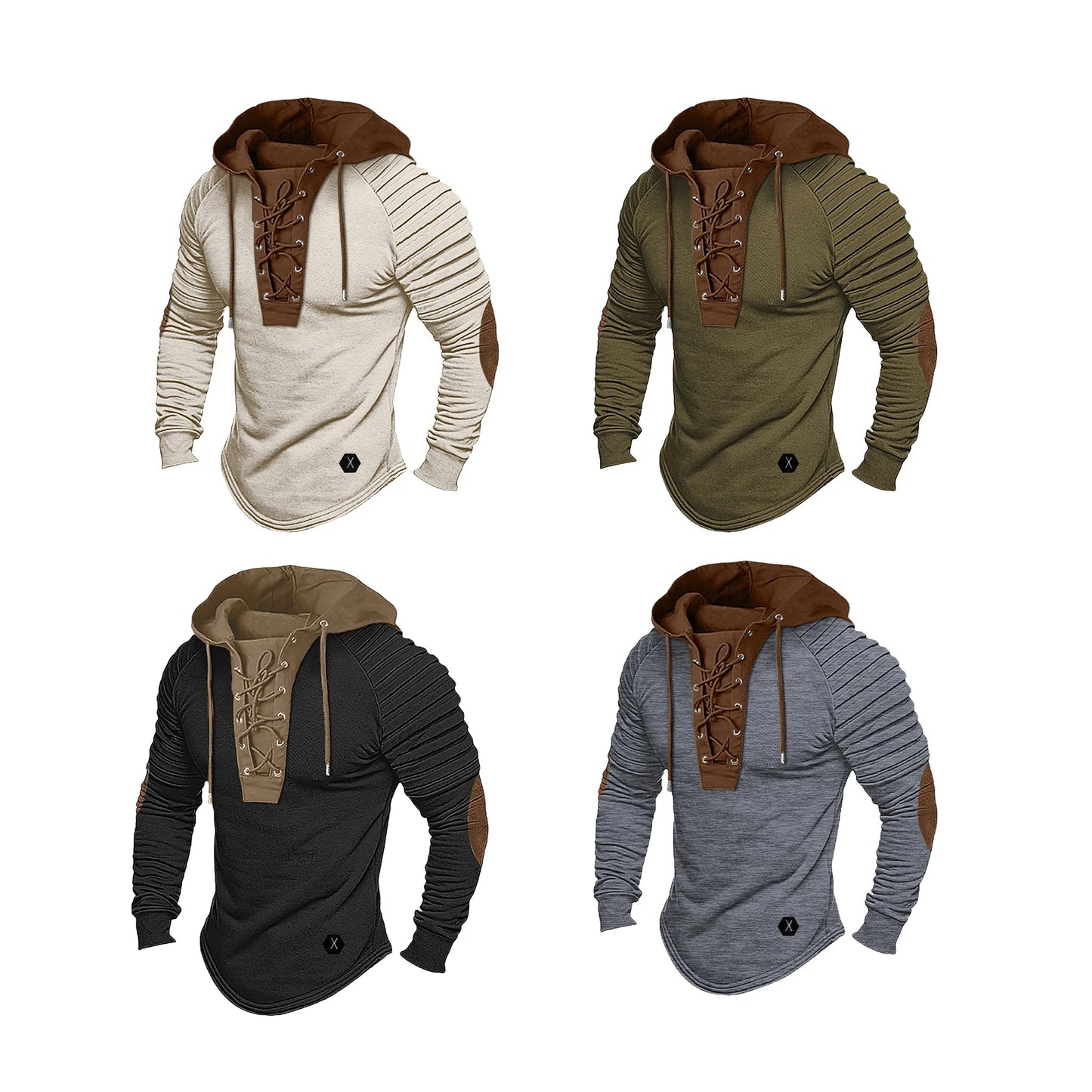 Men Spring Fall Hoodie Pleated Shoulder Colorblock Drawstring Hooded Top Long Sleeve Pullover Lace-up Retro Men Daily Hoodie