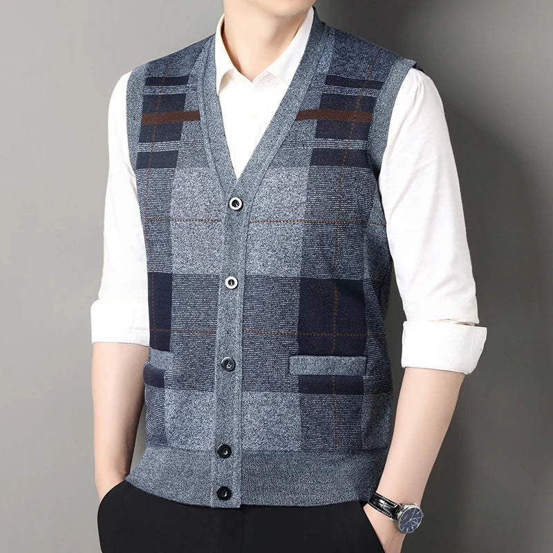 New Autumn Male Vest Sleeveless Sweater Fleece Cardigan Warm Knitted Checkered Business Casual Button Up Coat Men's Clothing