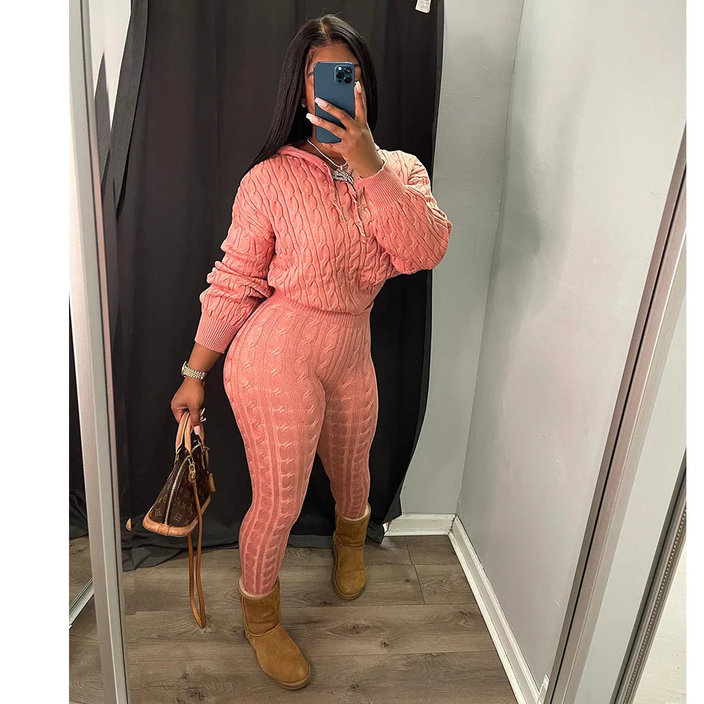 Knit 2 Piece Sets Women Hooded Tops Pants Set Spring Autumn Winter Clothing Sportswear Joggers Knitted Tracksuit Matching Sets