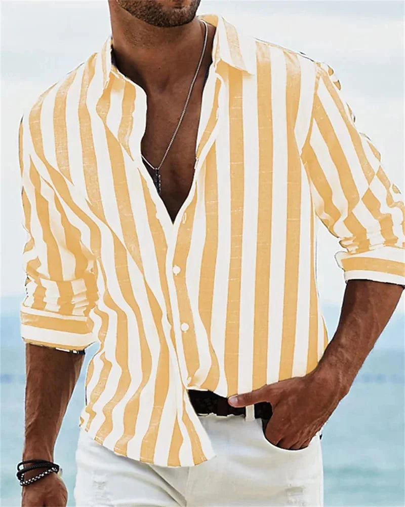 New men's long-sleeved blue striped printed shirt men's social high-end men's Hawaiian style elegant classic fashion tops