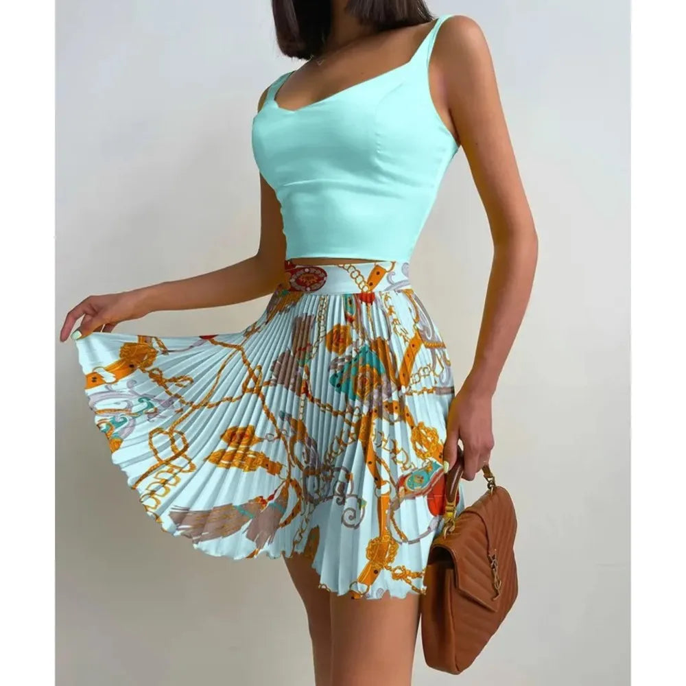 Sexy Printed Halter Pleated Short Skirt 2 Piece Set