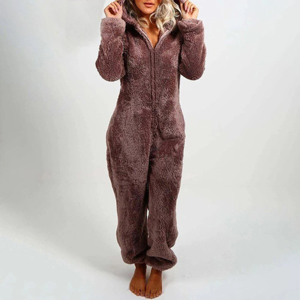 Cross border Women Onesie Pajamas Winter Thick Warm Long-sleeved Hooded Jumpsuit Plush Fleece Cute Cat Ears Rompers Loungewear