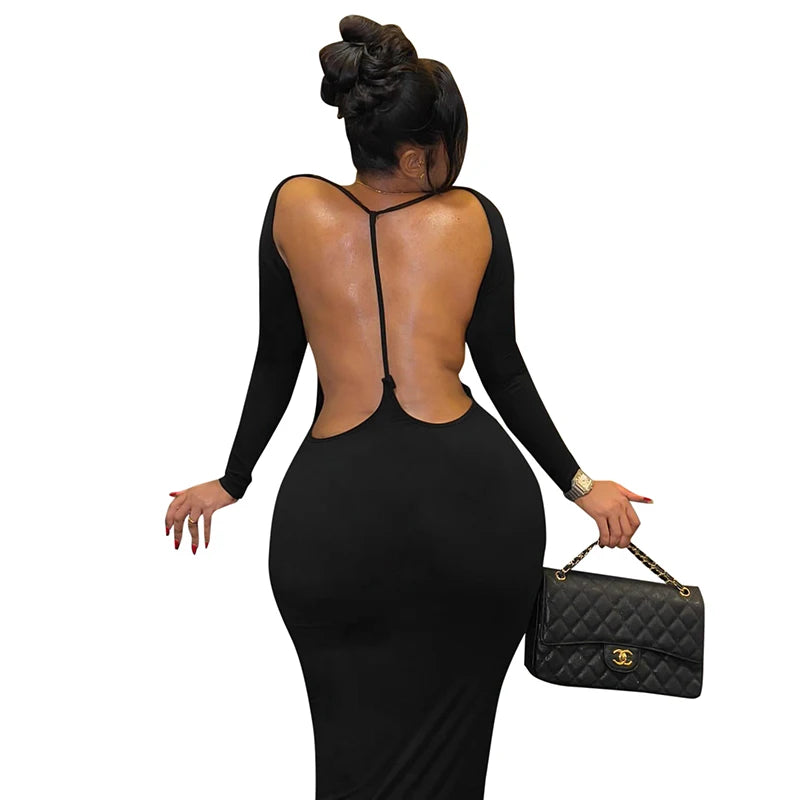 CUTENOVA Summer Solid Color Dress With Long Sleeve Sexy Backless Slim Skinny Long Dress Evening Party Club Women Sexy Wear Outfi