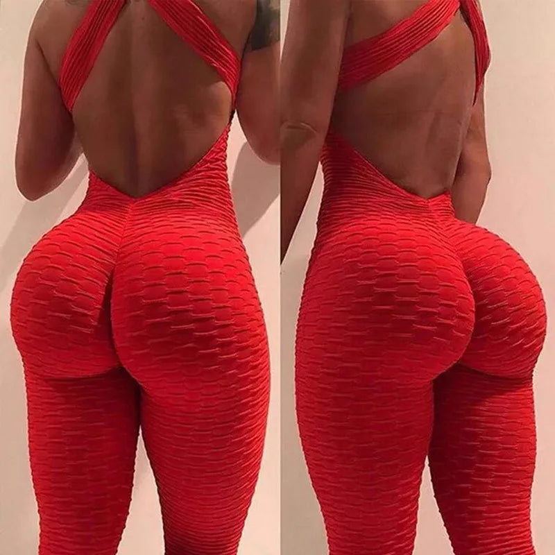 Bubble Jumpsuit Female Fitness Yoga Bodysuit Sleeveless Sexy Backless Jumpsuit Pants Stretchy Butt Liftting Fashion Bodysuit