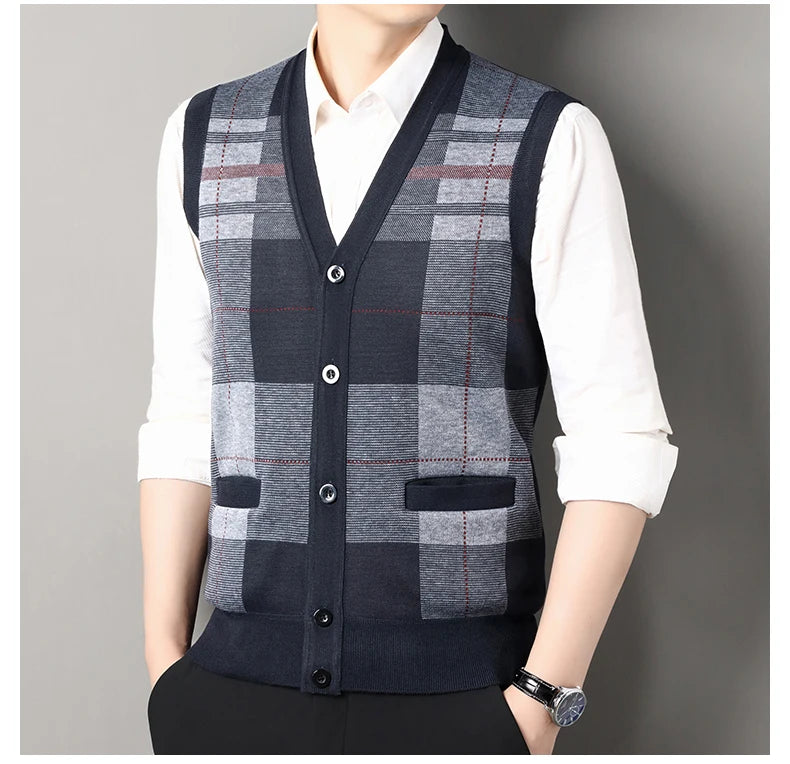 New Autumn Male Vest Sleeveless Sweater Fleece Cardigan Warm Knitted Checkered Business Casual Button Up Coat Men's Clothing