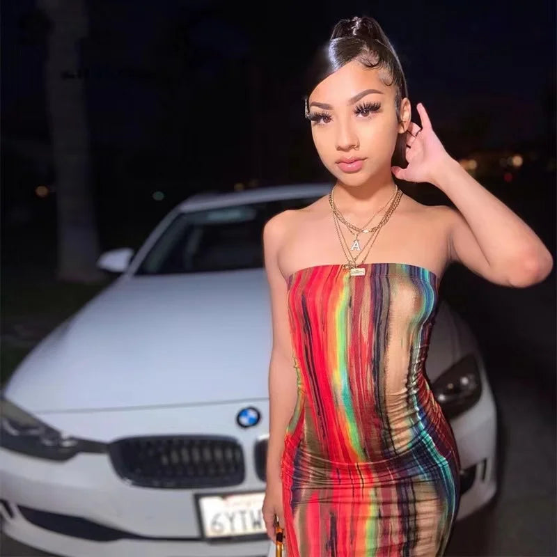2025 Summer Women's Print Slim Sexy Strapless Long Vintage Dress  Robe Vestido Streetwear Evening Dresses