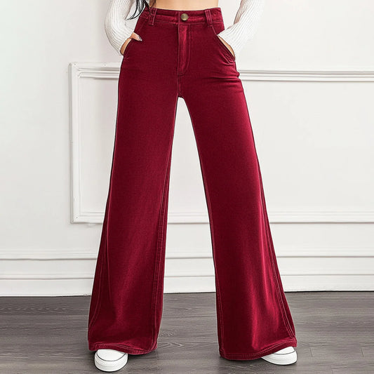 Mia Muse Women's Pants Autumn French Plain Natural Waist Full Length Wide Leg Casual Pants