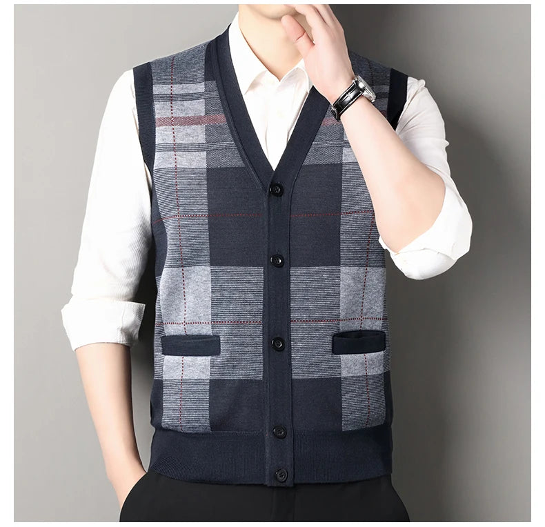 New Autumn Male Vest Sleeveless Sweater Fleece Cardigan Warm Knitted Checkered Business Casual Button Up Coat Men's Clothing