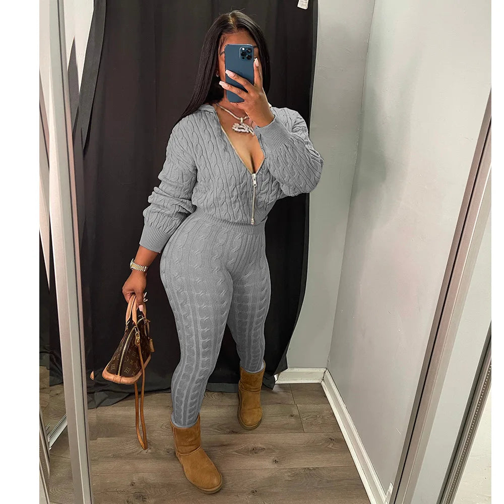 Knit Two Piece Sets Women Hooded Cardigan Pants Suits Spring Autumn Winter Clothing Sportswear Joggers Tracksuit Matching Sets