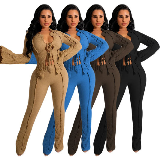 2 Piece Set Women Sexy Lace-up Pants Suits Solid 2pcs Sets Matching Sets Outfits Tracksuit Autumn Winter Clothing