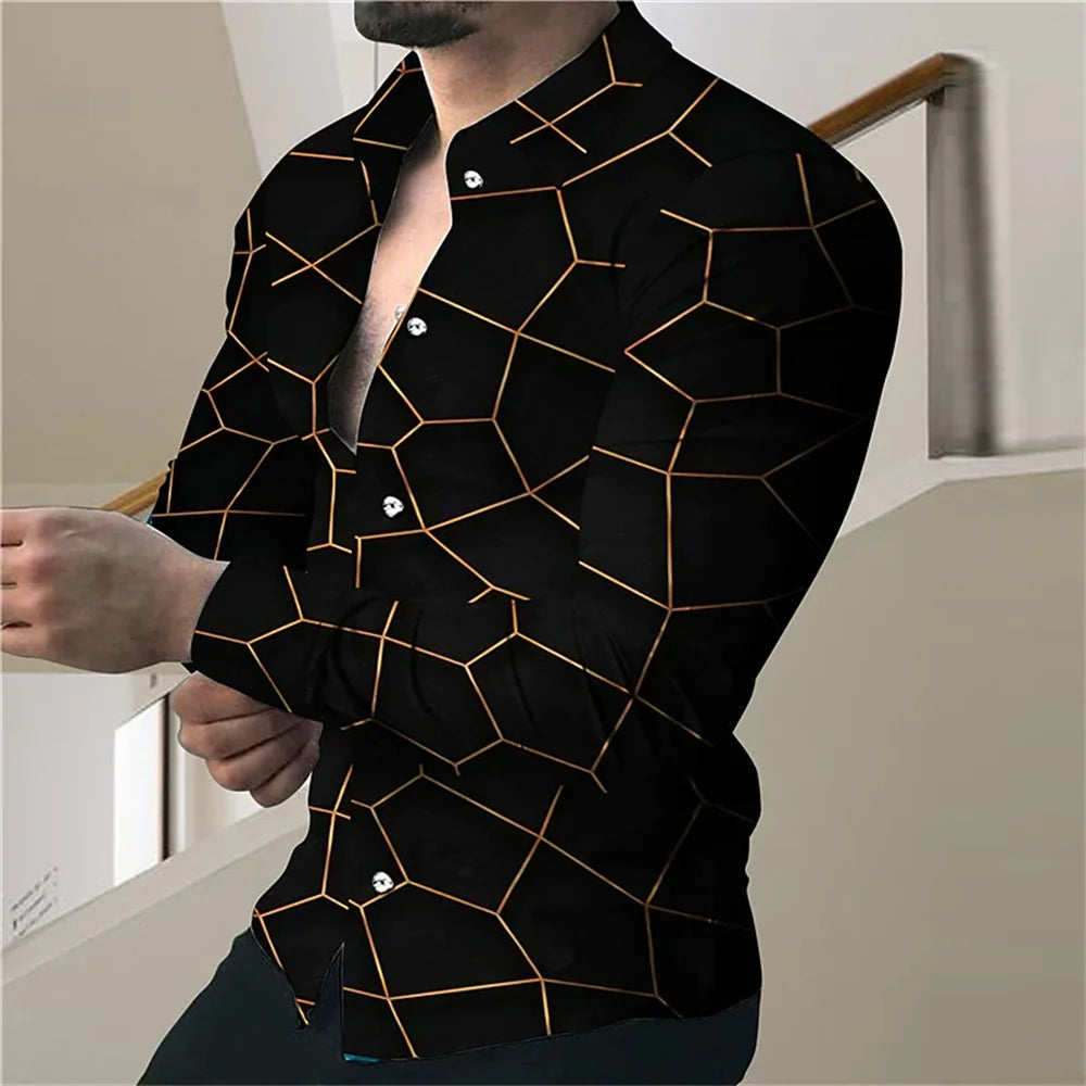 New Men's High Quality Luxury Prom Fashion Social 3D Line Graph Print Polo Button Fashion Designer Long Sleeve Men's Shirt