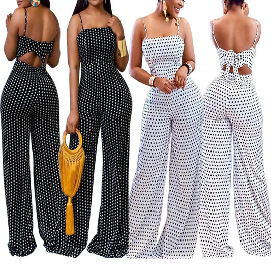 Women Jumpsuits Overalls High Waist Dot Wide Leg Pants High Street Casual Flat Sexy Backless Wrapping Breast Autumn