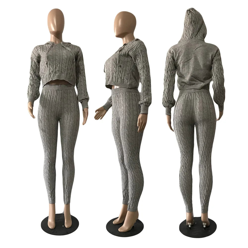 Knit 2 Piece Sets Women Hooded Tops Pants Set Spring Autumn Winter Clothing Sportswear Joggers Knitted Tracksuit Matching Sets