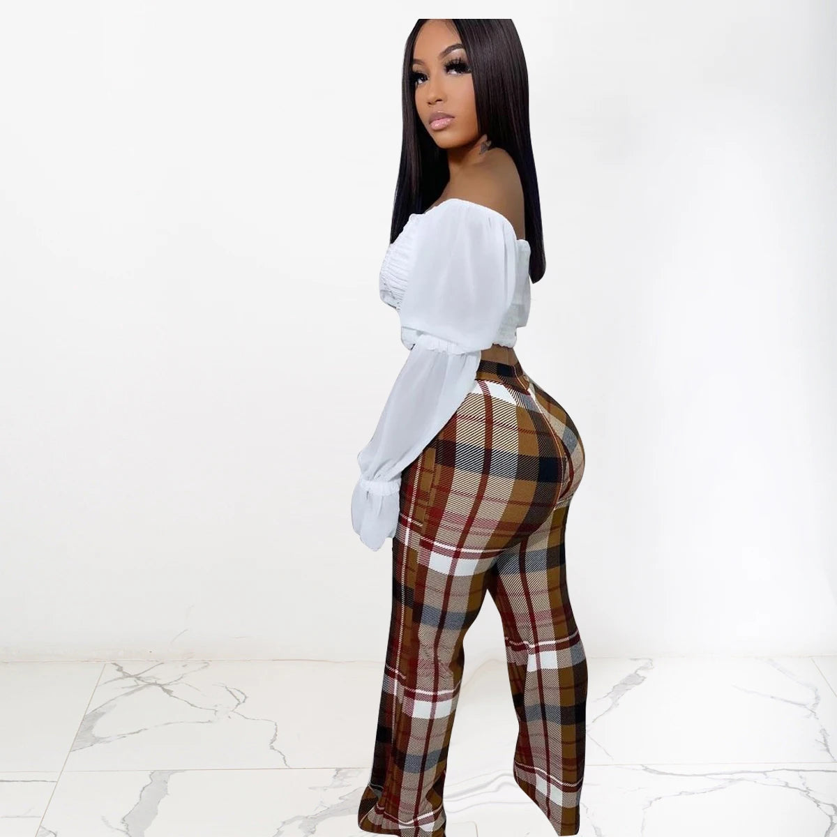 European and American women's plaid printed straight leg pants