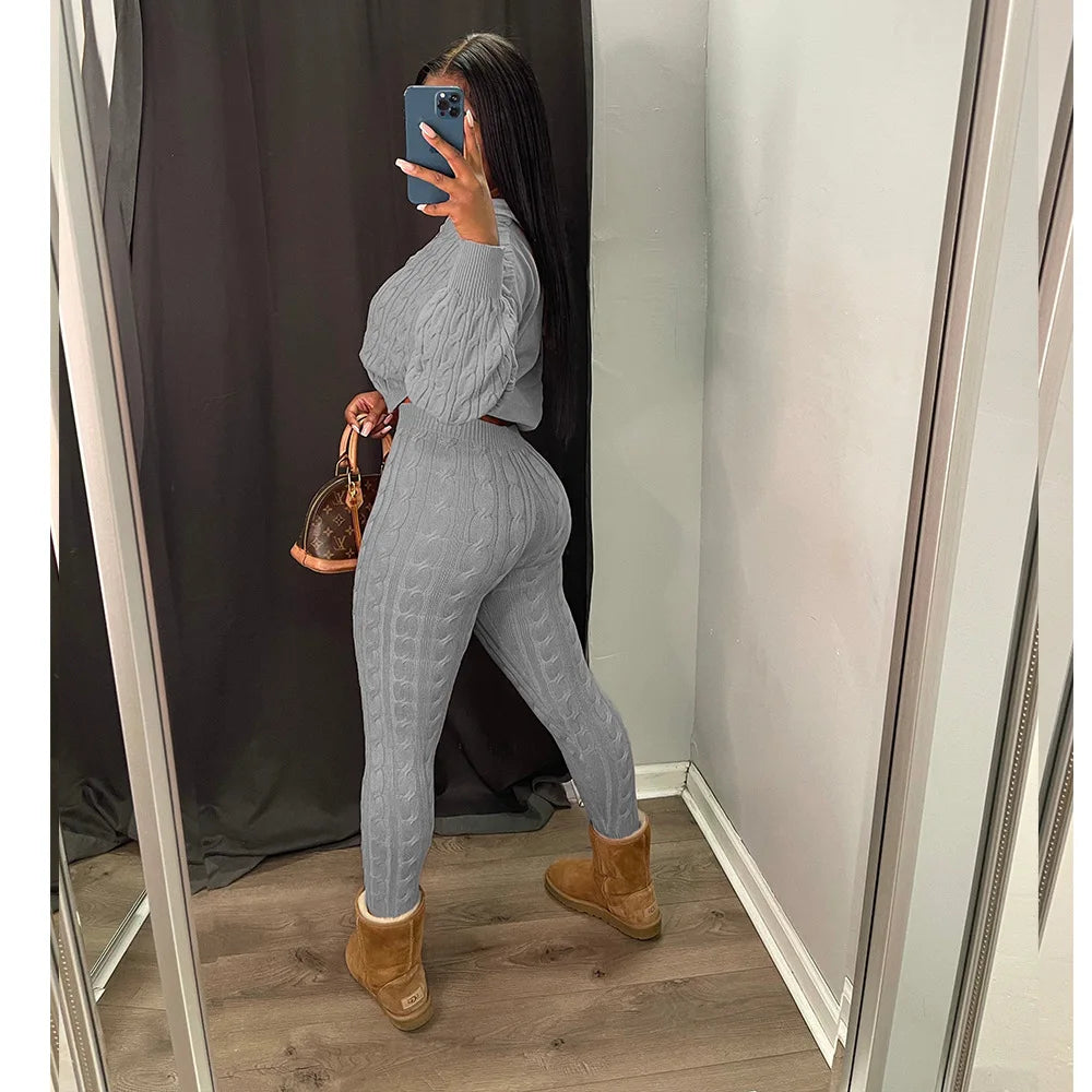 Knit Two Piece Sets Women Hooded Cardigan Pants Suits Spring Autumn Winter Clothing Sportswear Joggers Tracksuit Matching Sets