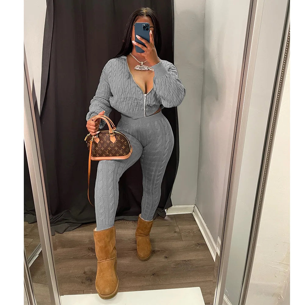 Knit Two Piece Sets Women Hooded Cardigan Pants Suits Spring Autumn Winter Clothing Sportswear Joggers Tracksuit Matching Sets