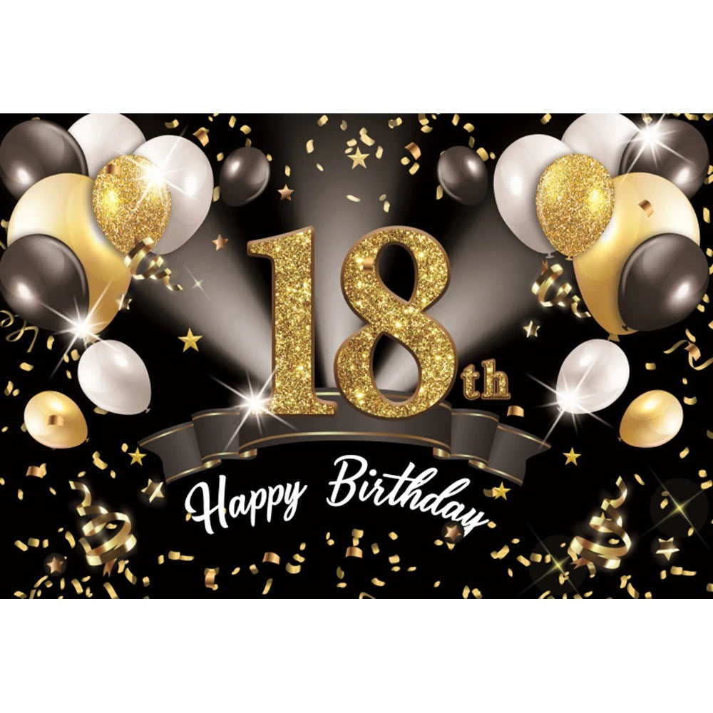 18th Birthday Photography Background Black Golden Glitter Balloons Boys Girls 18 Years Old Birthday Party Decoration Backdrops