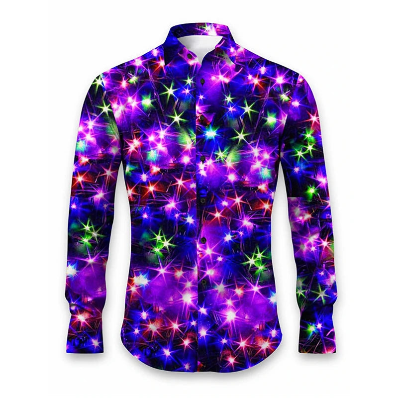 New 3D Printing Color Athleisure Fashion Comfortable Shirt Mens Long Sleeve Buttons Cool Glossy Pattern Festive Shirt Men