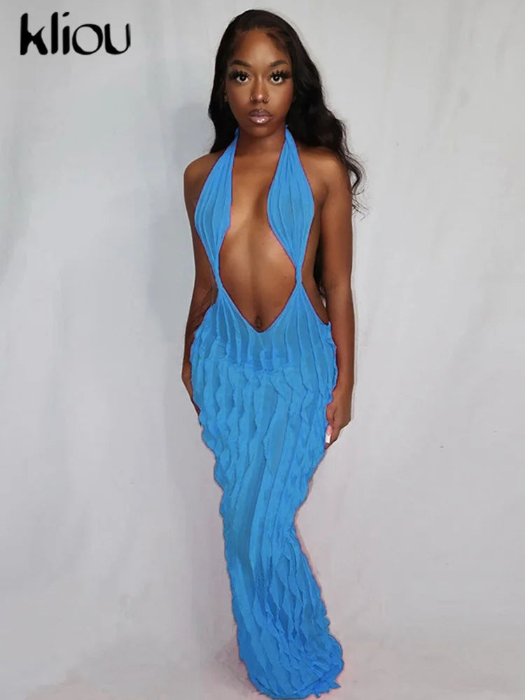 Kliou Solid Elegant Halter Maxi Dress Women Concise Sexy Cleavage Deep FashionMojos.com Kliou Solid Elegant Halter Maxi Dress Women Concise Sexy Cleavage Deep FashionMojos.com