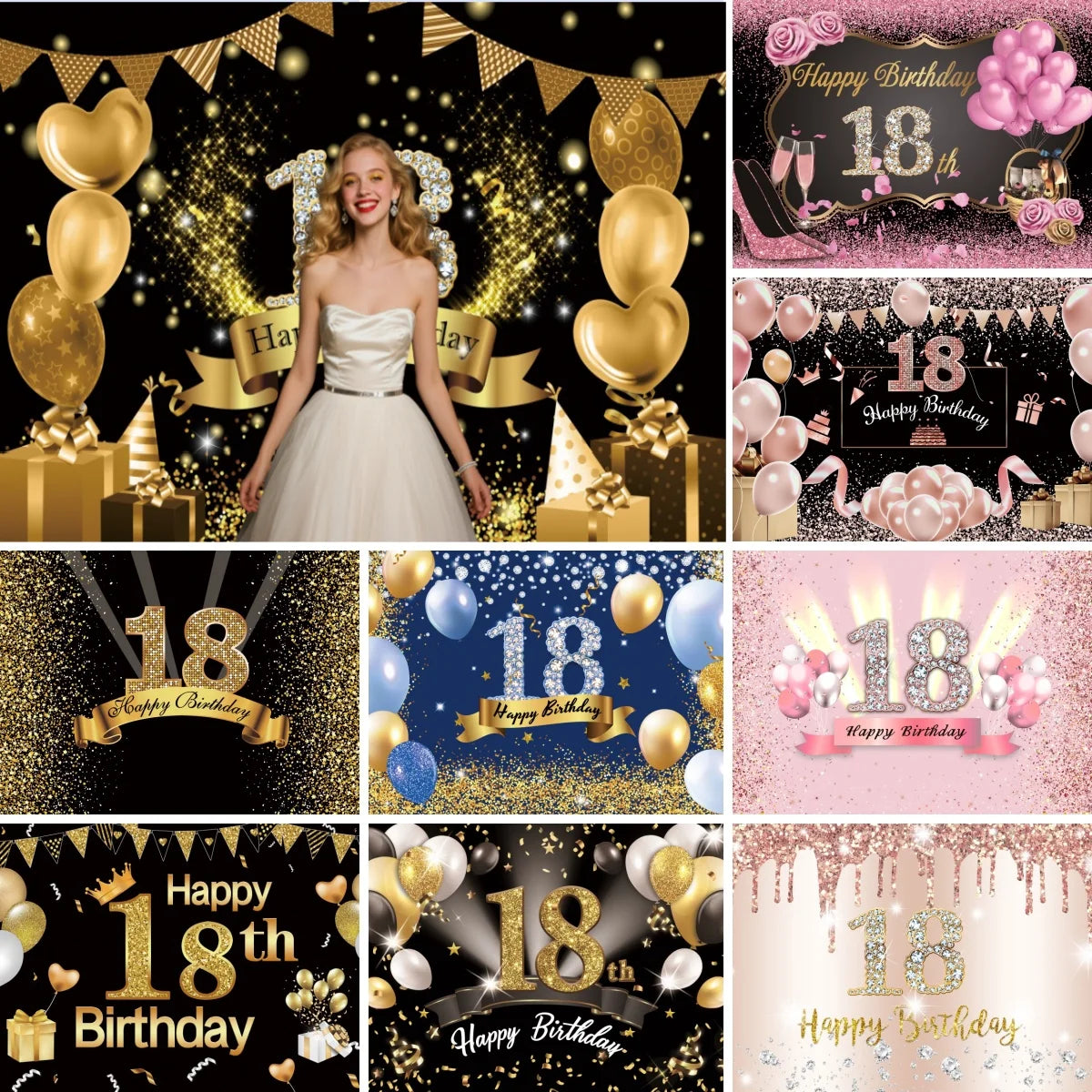 18th Birthday Photography Background Black Golden Glitter Balloons Boys Girls 18 Years Old Birthday Party Decoration Backdrops