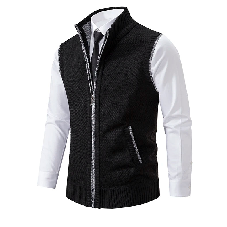 Vest Men's Knitted Sleeveless Sweater Wool Velvet Zipper Cardigan Turn-down Pullovers Turtleneck Sweatercoat Knit Waistcoat