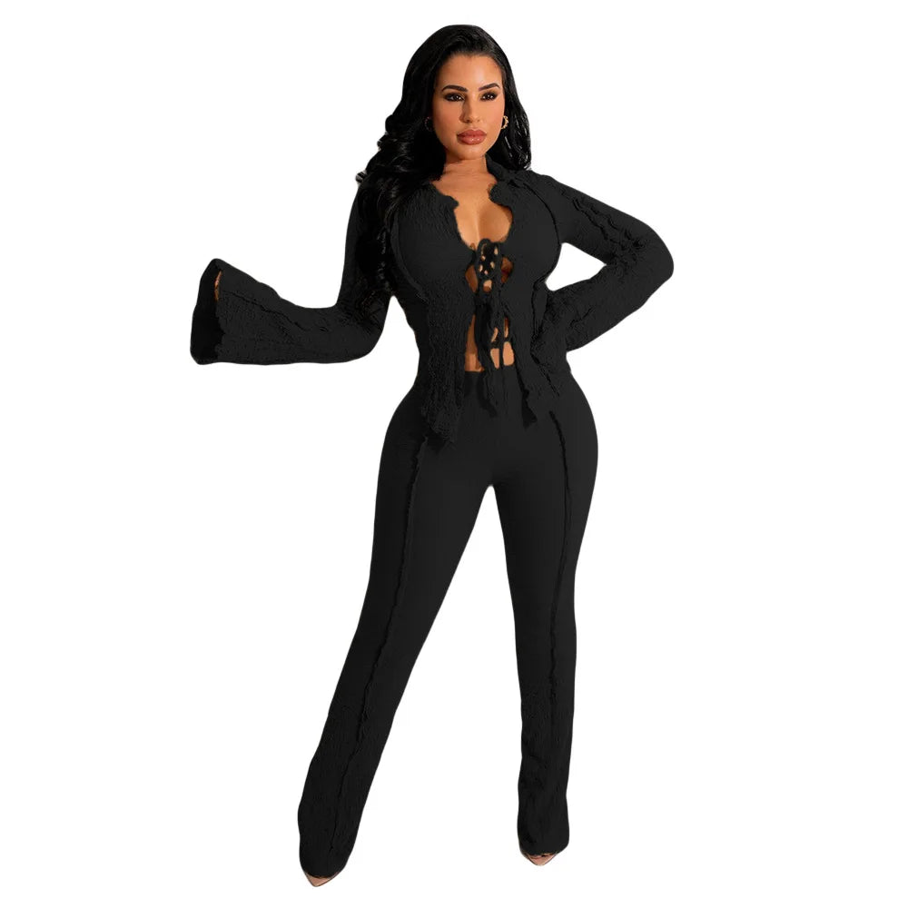 2 Piece Set Women Sexy Lace-up Pants Suits Solid 2pcs Sets Matching Sets Outfits Tracksuit Autumn Winter Clothing