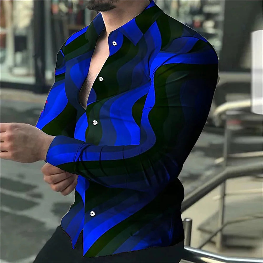 New Men's High Quality Luxury Prom Fashion Social 3D Line Graph Print Polo Button Fashion Designer Long Sleeve Men's Shirt