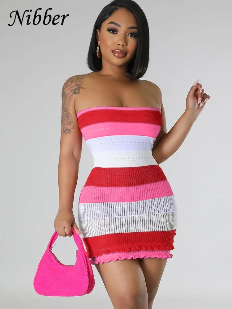 Nibber Knitted Striped Print Mini Dress Strapless Bodycon Women Backless Prom Vacation Party Casual Streetweaer Dresses Clothing