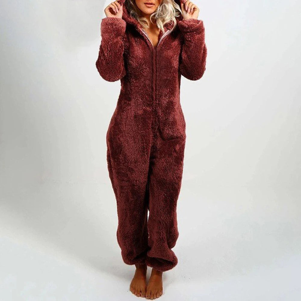 Cross border Women Onesie Pajamas Winter Thick Warm Long-sleeved Hooded Jumpsuit Plush Fleece Cute Cat Ears Rompers Loungewear