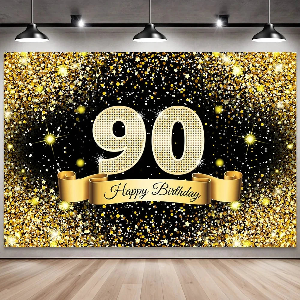 Golden black birthday party background, 18-40-50-60-year-old photography background, photo booth logo, poster background banner