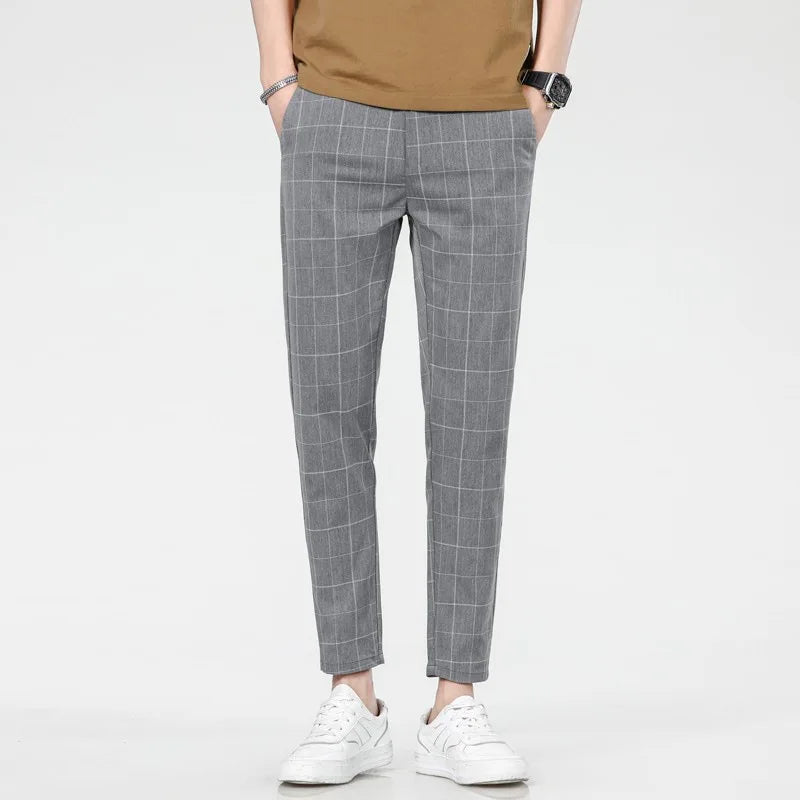 New Fashion Men Pants Mid Waist Slims Fit Male Sweatpants Plaid Checkered Side Stripe Trousers Summer Work Casual Pants