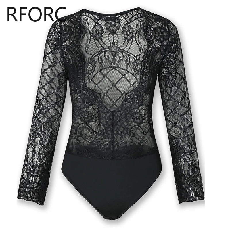 Women Sexy Solid Lace Long Sleeves Deep V Neck Sexy Black Bodysuit