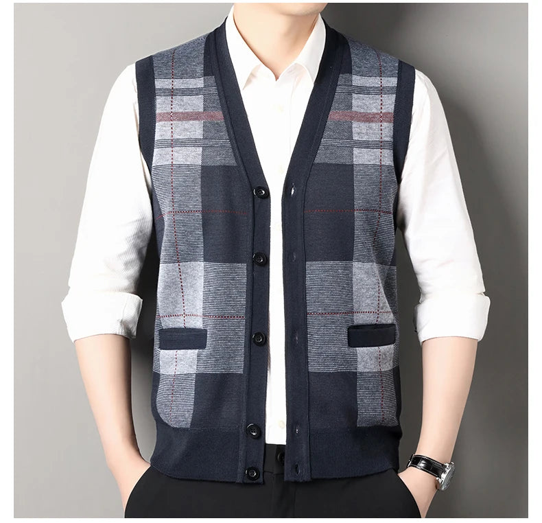 New Autumn Male Vest Sleeveless Sweater Fleece Cardigan Warm Knitted Checkered Business Casual Button Up Coat Men's Clothing