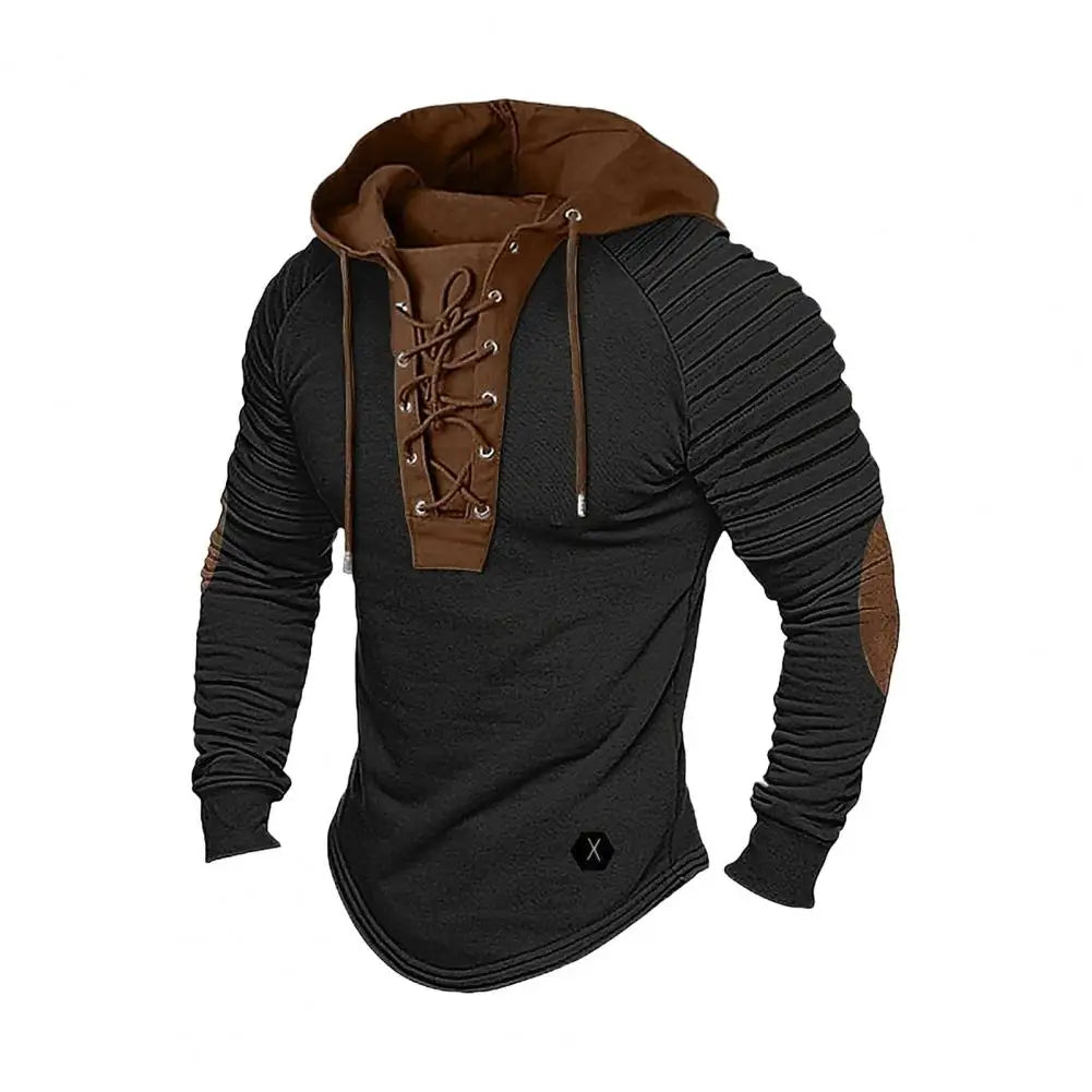 Men Spring Fall Hoodie Pleated Shoulder Colorblock Drawstring Hooded Top Long Sleeve Pullover Lace-up Retro Men Daily Hoodie