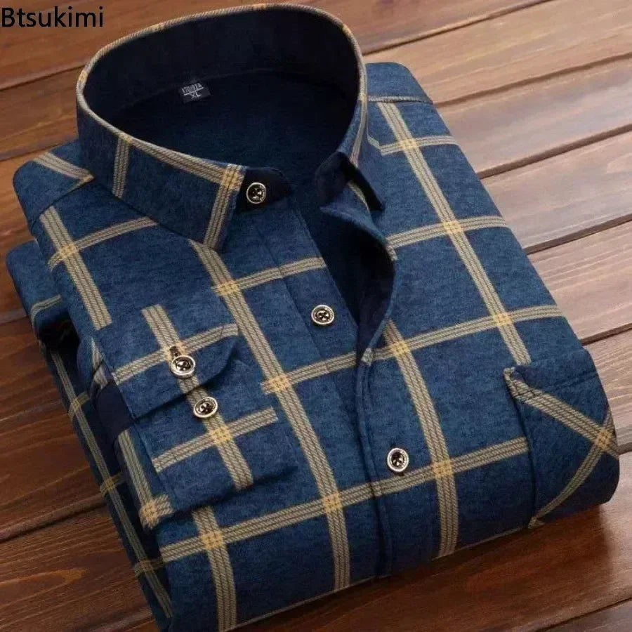 Men's Autumn Winter Casual Long Sleeve Plaid Shirt Thick Warm Men's Casual High Quality Soft Large Size Warm Shirt Tops 4XL